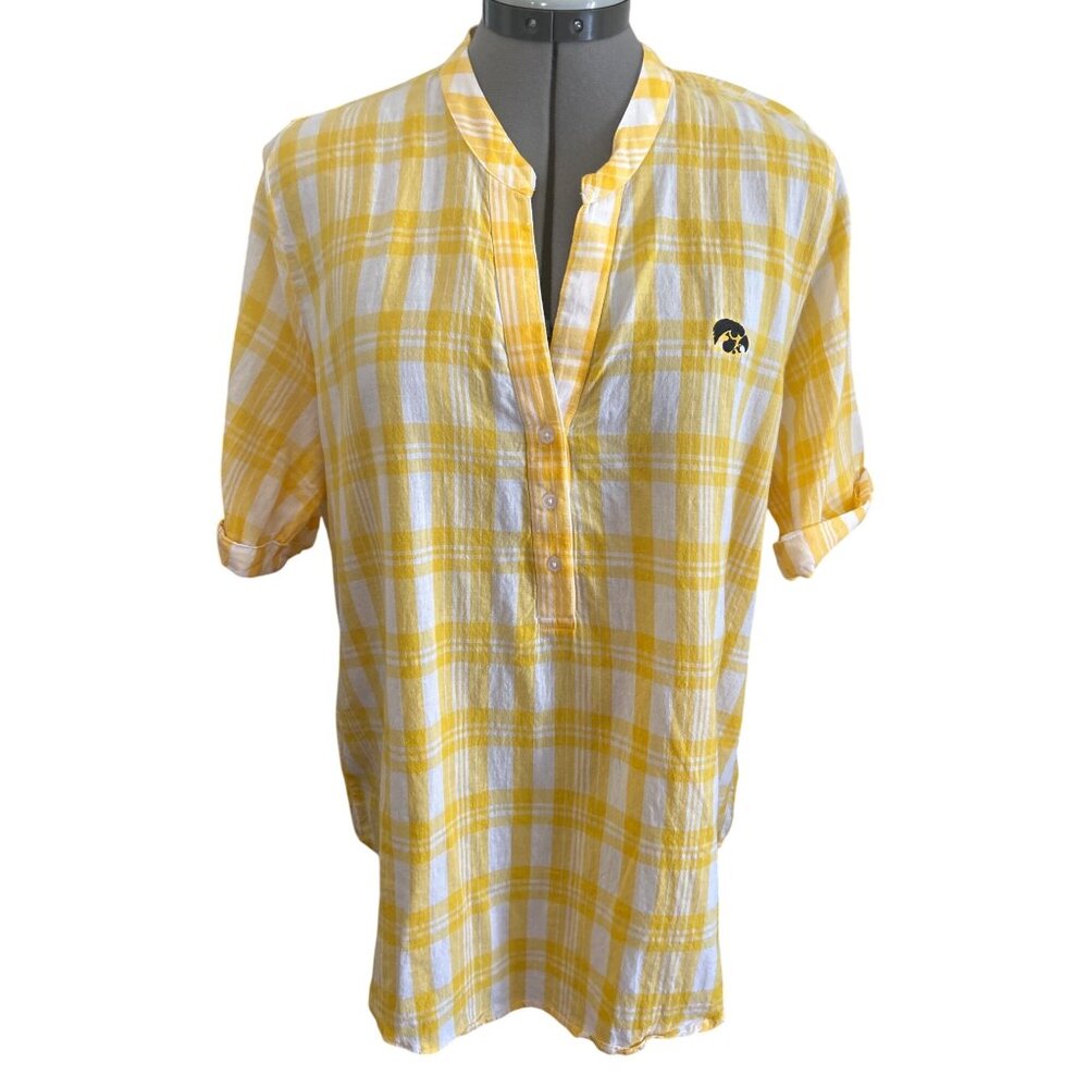 UG Apparel Yellow & White Plaid V Neck Tunic L 100% Cotton Iowa Hawkeyes Logo